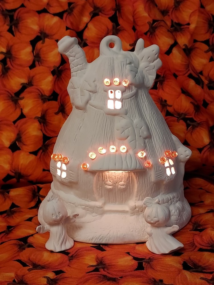 Ceramic Bisque Ready to Paint Pumpkin House with (2) Small Ghost & light Kit