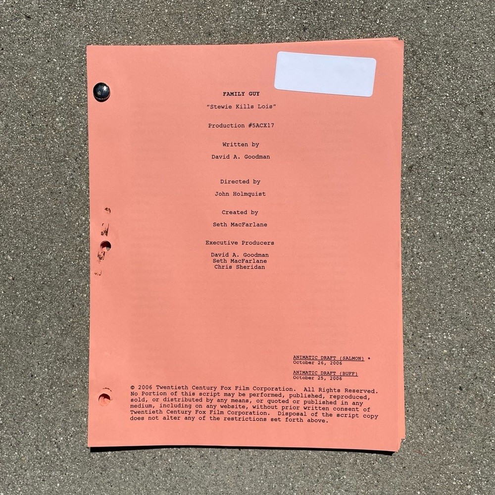 Family Guy 100th Episode SET Stewie Kills Lois Scripts + Casting Dept Notes