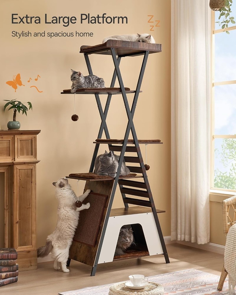 72.4" Modern Cat Tower for Indoor Cats - Removable Pads, Rustic Brown