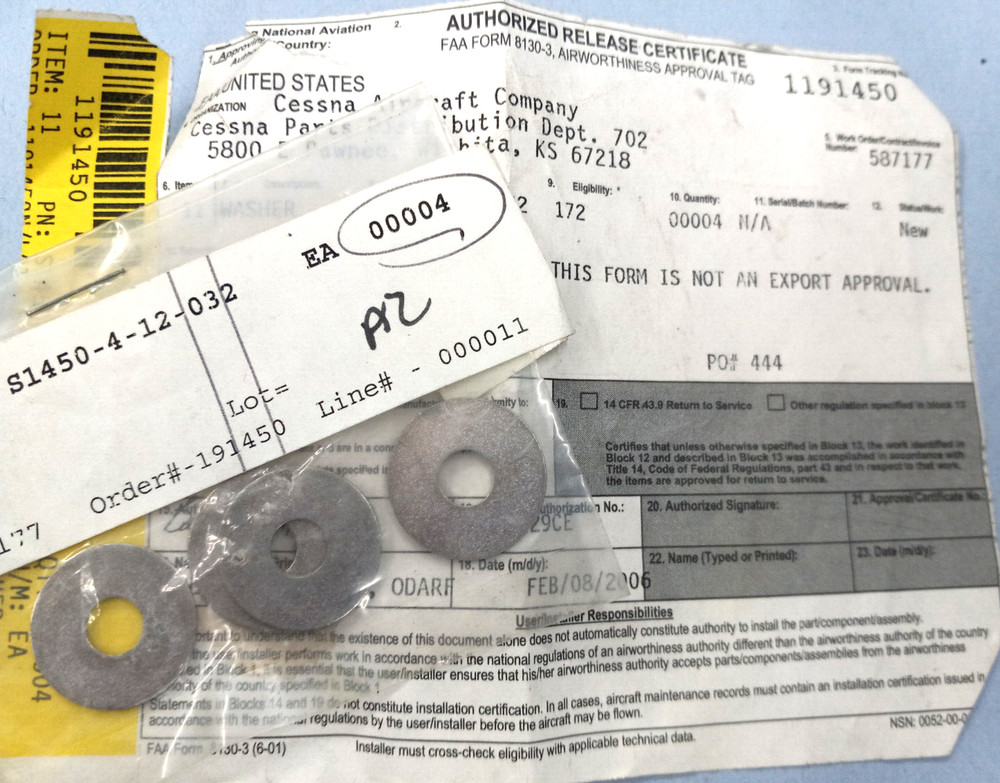 CESSNA Part # S1450-4-12-032 WASHERS (4/PACK)