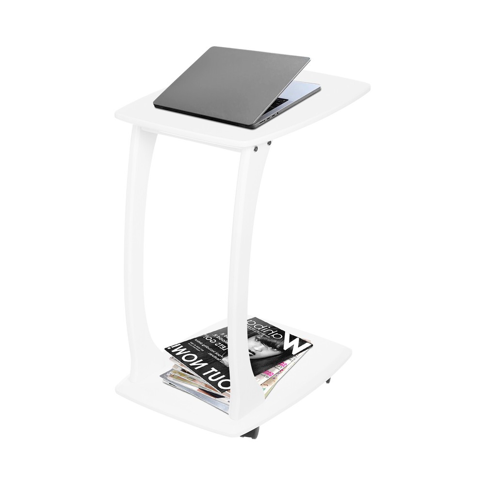 C-Shaped Side Table with Wheels Mobile End Table with Wood Frame Nightstand