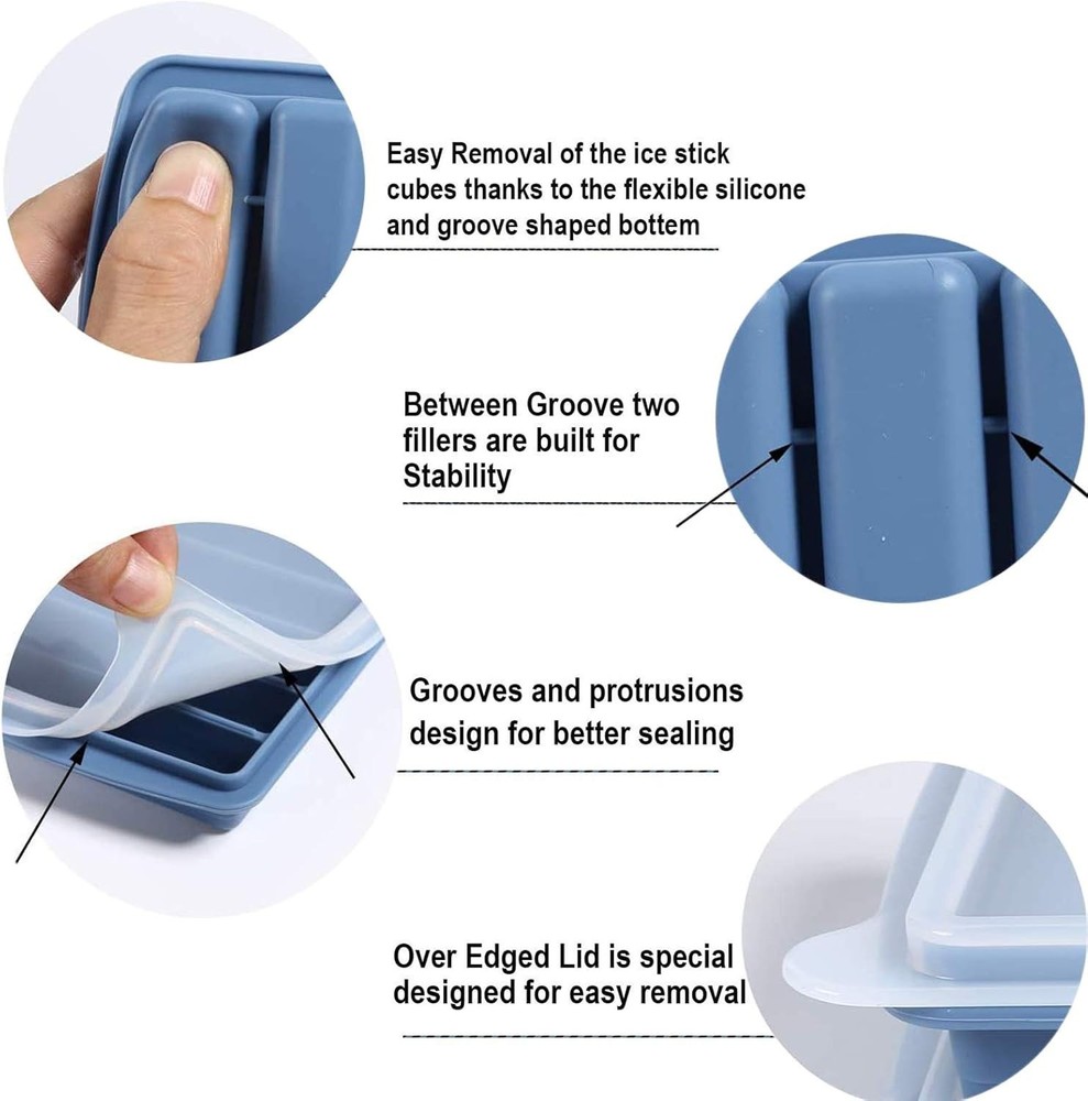 2 PCS Ice Cube Tray, Long Ice Stick Tray Silicone with Lid, Rectangular Narro...