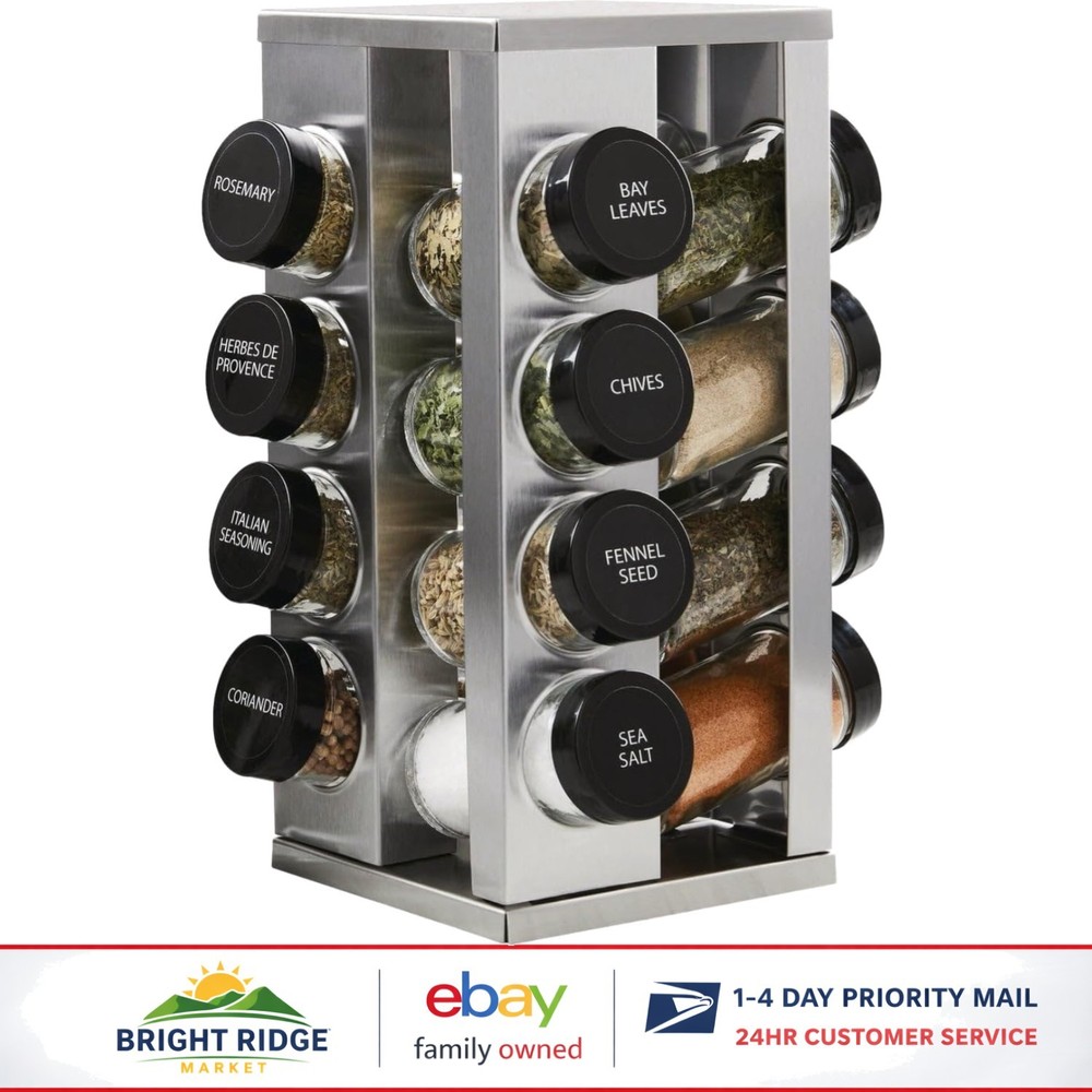 Tiered 16-Jar Spice Rack with Easy Access Rotating Design for Kitchen Counters