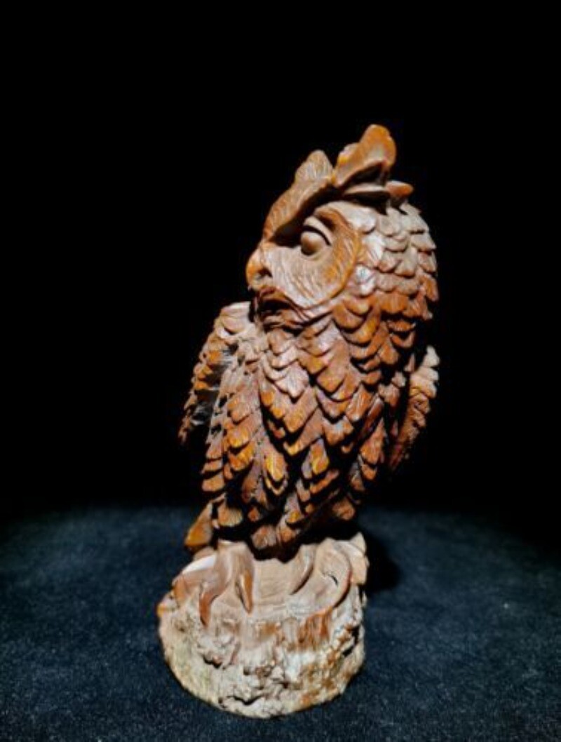 Vintage Wooden Owl Statue Sculpture Figurine Home Decor Boxwood Carved Bird Art