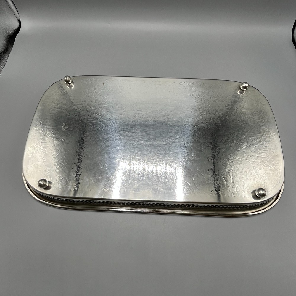 Large Vintage Silver Plated Rectangular Gallery Tray Footed Long Cocktail Drinks