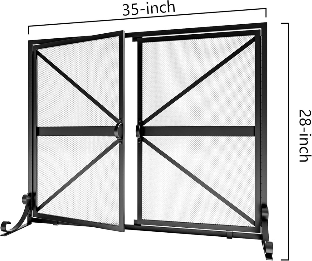 Fireplace Screen with Doors, 2-Pannel Handcrafted Solid Wrought Iron Decorative