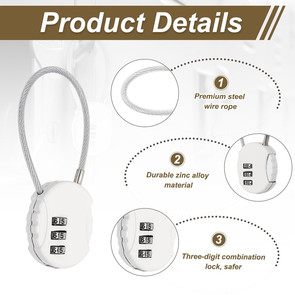 2-Pack Combination Padlock, 3 Digit Round Shaped Cable Luggage Lock [White]