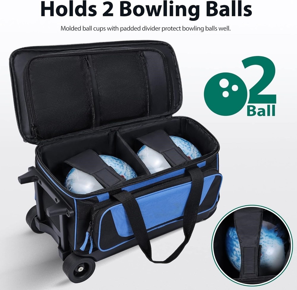 Double Roller Bowling Bag 2-Ball w/ Shoe Compartment & Retractable Handle