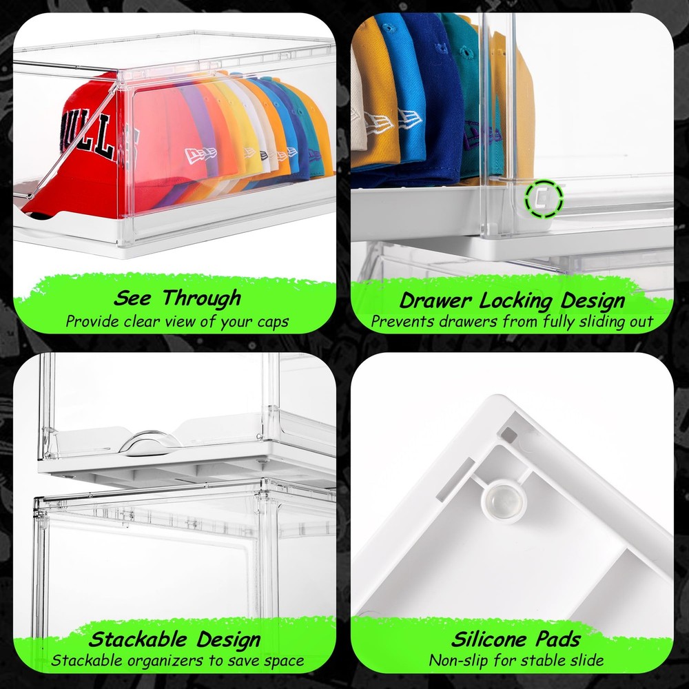 Vtopmart 2-Pack Hat Organizer Box for Baseball Caps, Clear Stackable Storage