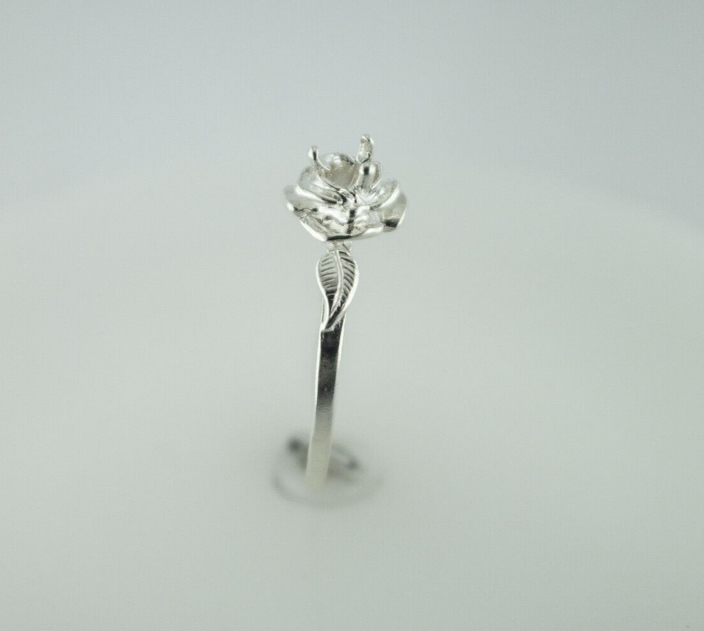 3 mm Round Rose with Leaf Sterling Silver Ring Setting