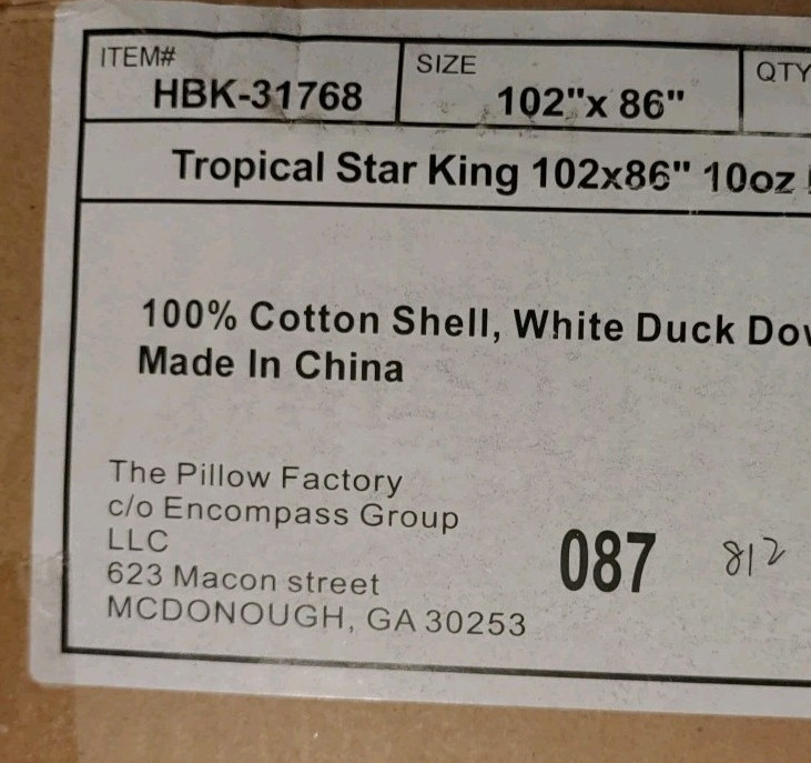 Tropical Star White Duck Down Filled 10 oz Blanket King Size 102" X 86"