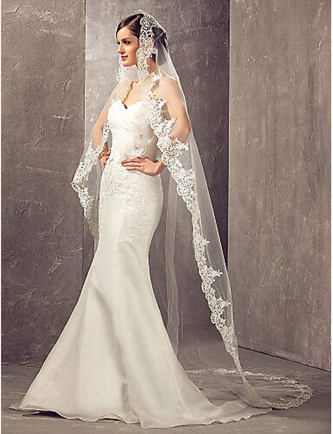 Wedding Bridal Veils Long Veil with Lace and Metal Comb At The Cathedral Length