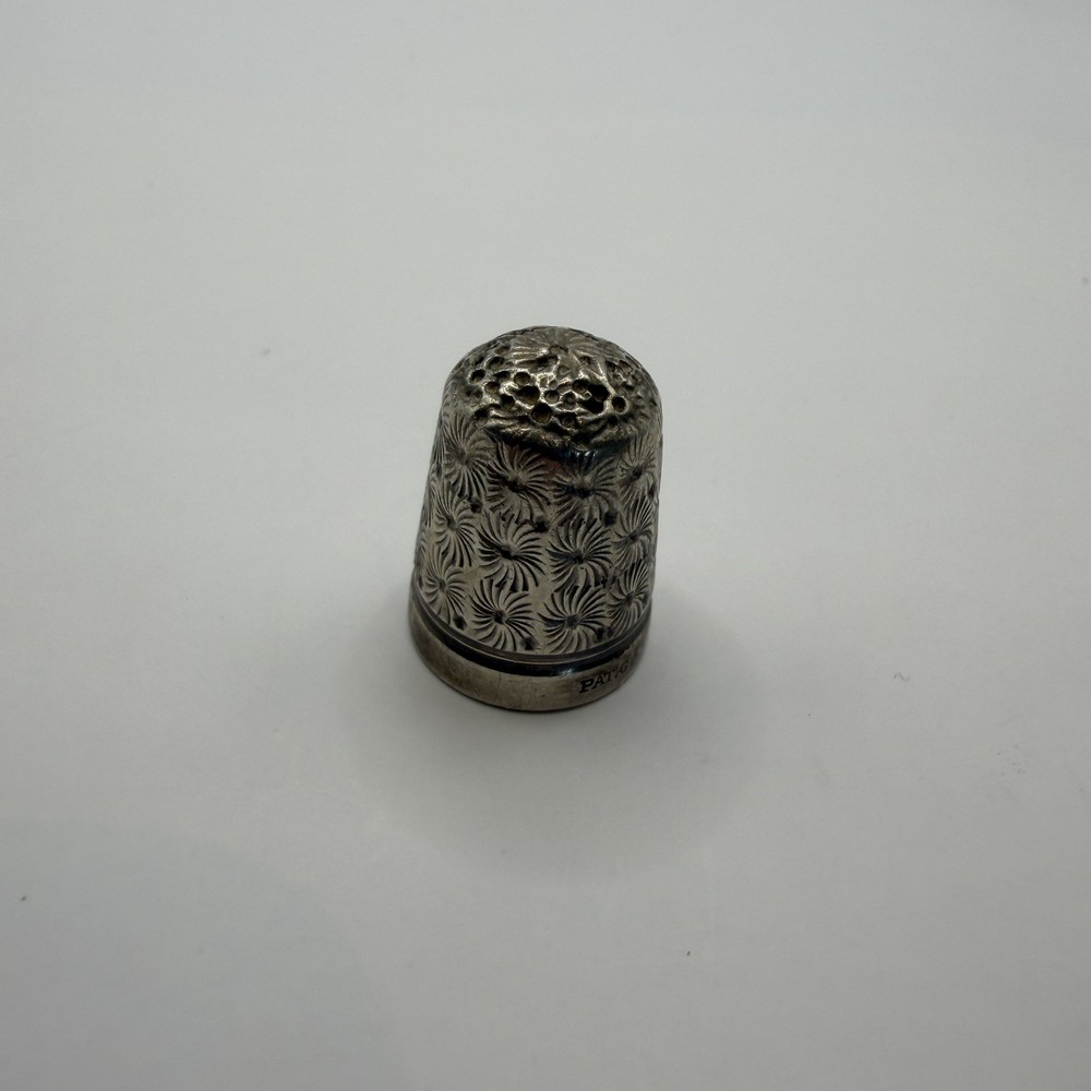 Antique Silver Sewing Thimble Floral Pattern Pierced Top Patented