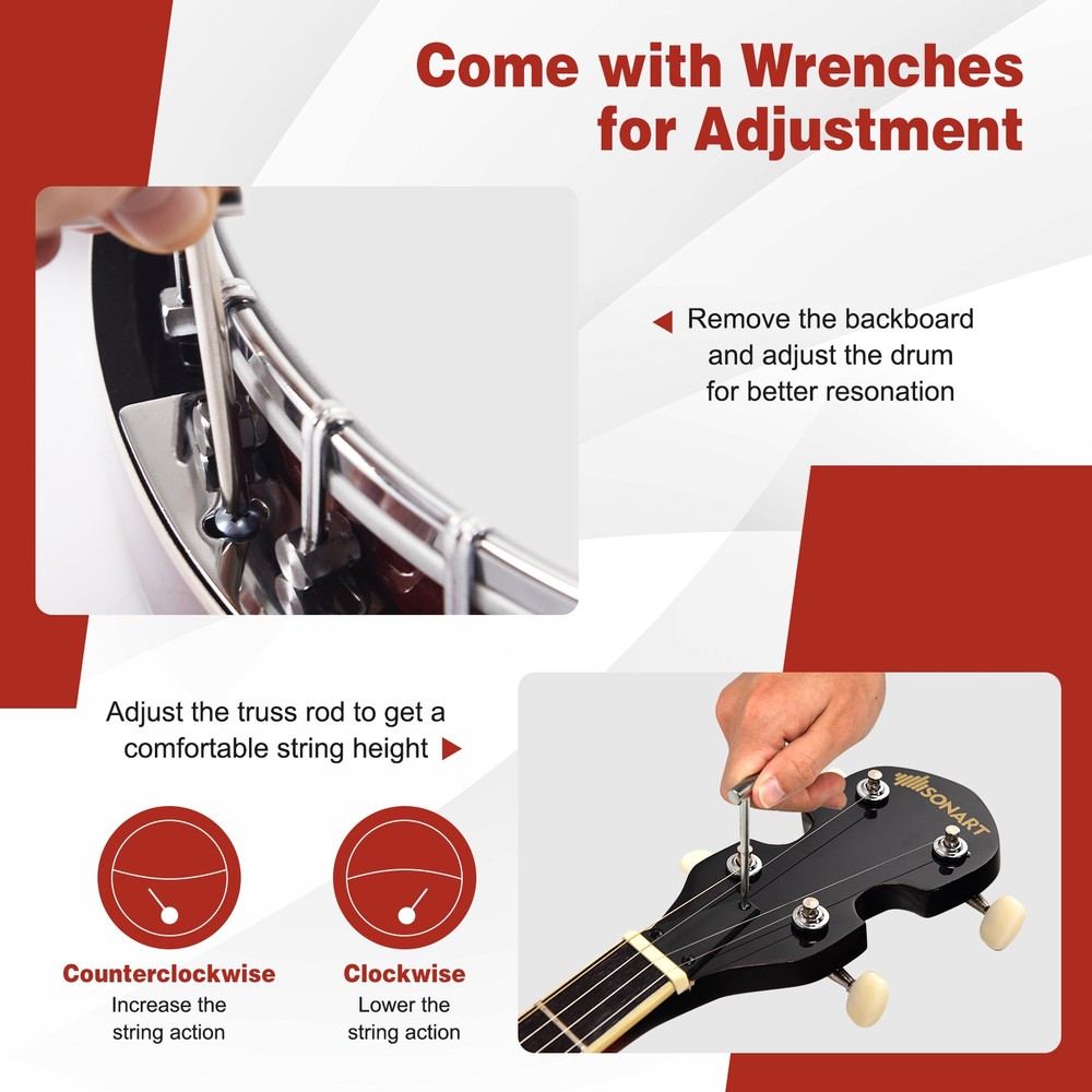 Sonart 5 String Geared Tunable Banjo 24 Brackets Closed Back Remo Head with Case