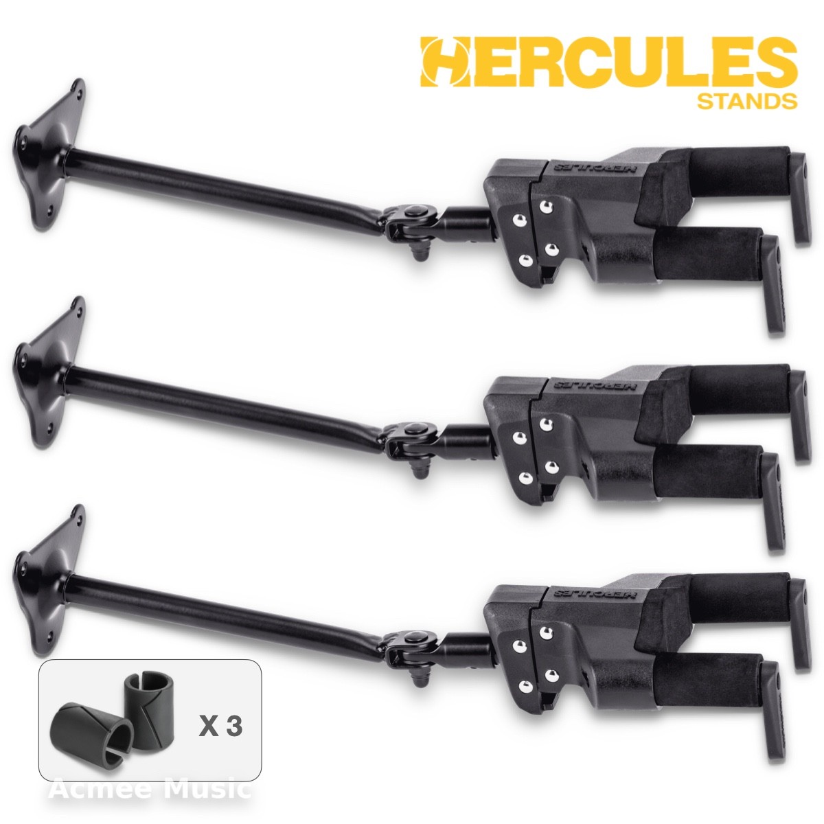 3-PACK Hercules GSP40WB PLUS Auto-Grip Guitar Wall Mount Steel Hanger, Long Arm