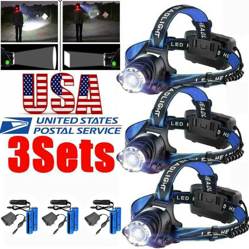 3Pack Rechargeable Headlight Zoomable Head Torch Lamp Flashlight LED Headlamp