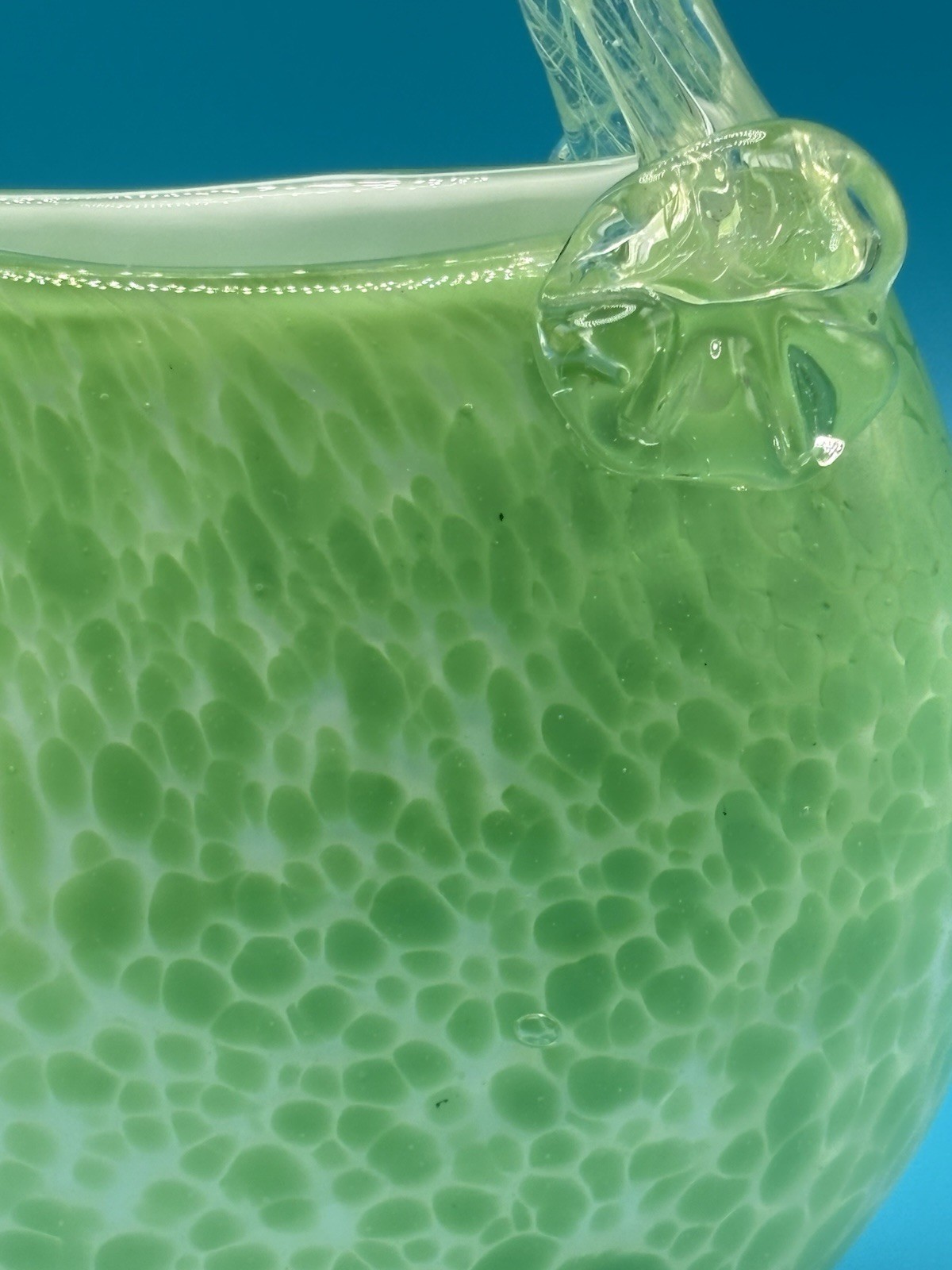 Vintage Hand Blown Art Glass Basket Green Controlled Bubble Murano Style Vase