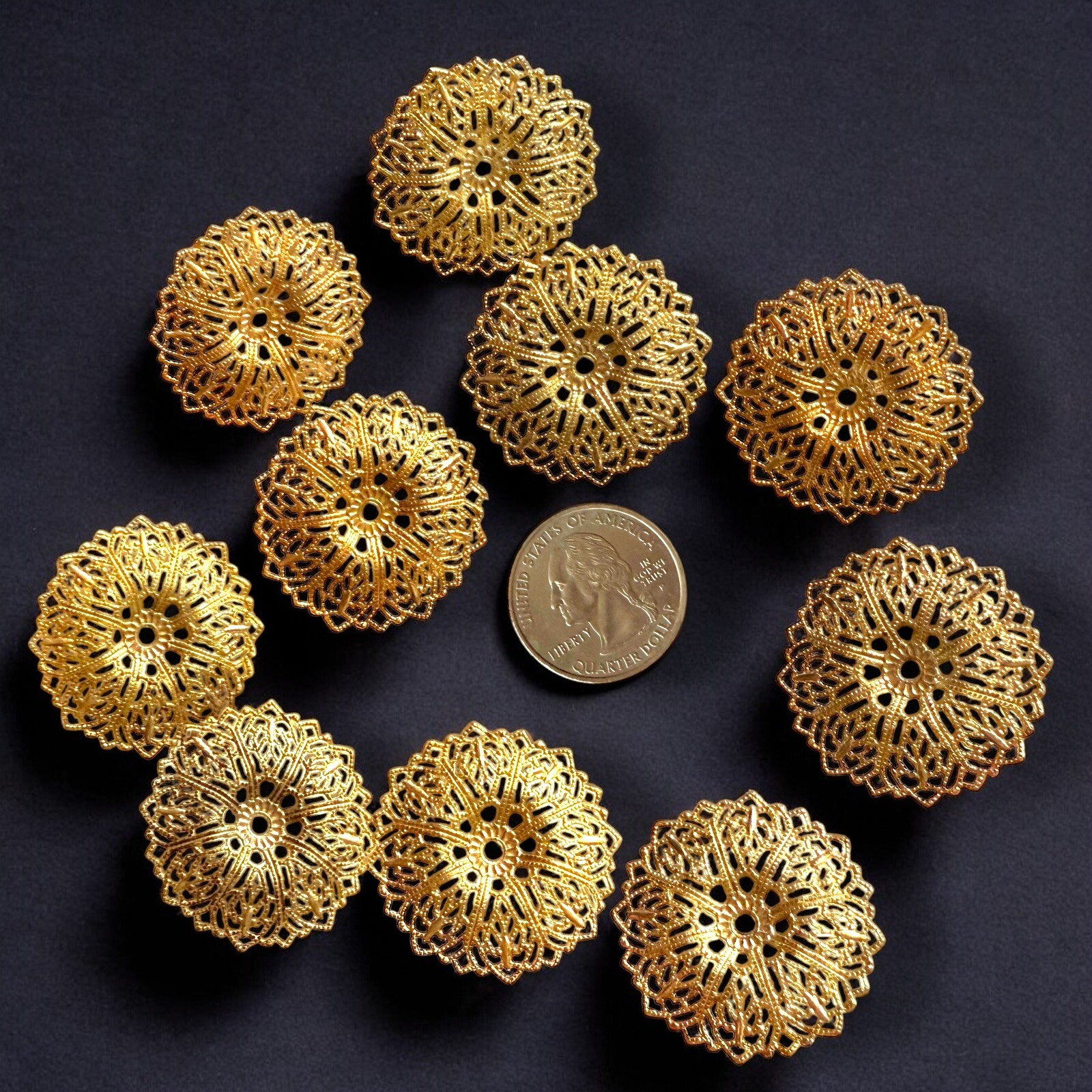 Brass Filigree Floral Stampings Vintage Lot of 10 32mm Jewelry Making Antique