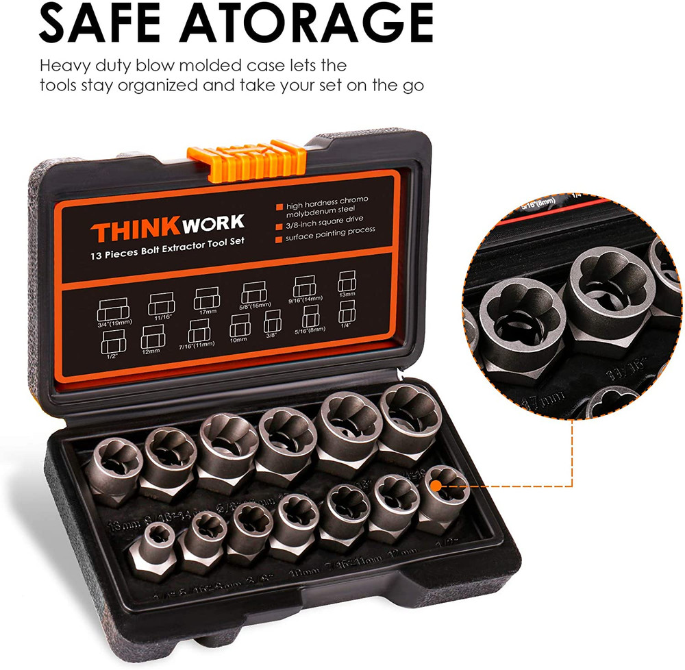 THINKWORK Bolt Extractor Kit, 13+1 Pieces Nut Extractor Socket Set, 3/8" Drive R