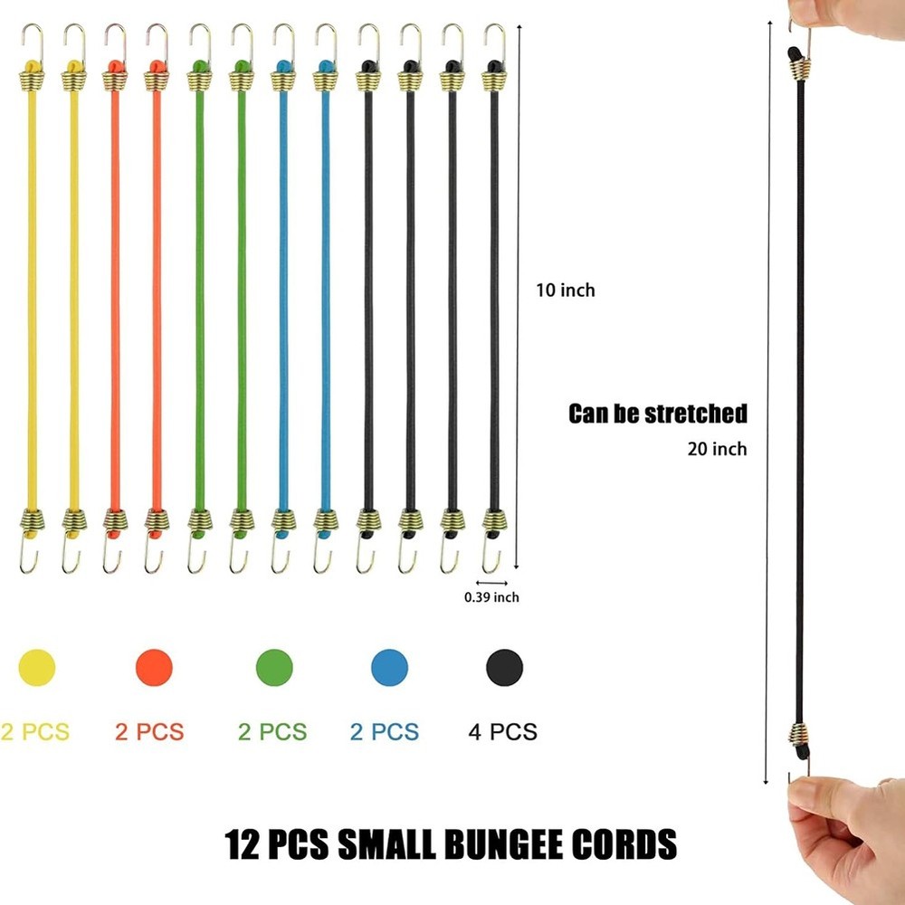Small Bungee Cords with Hooks 12 Pack, Adjustable Rubber Elastic Cords for4100