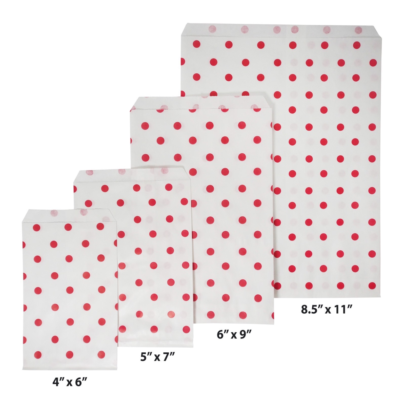 200 Bag of our Kraft Flat Paper White Gift Bags with Red or Silver Polka Dots