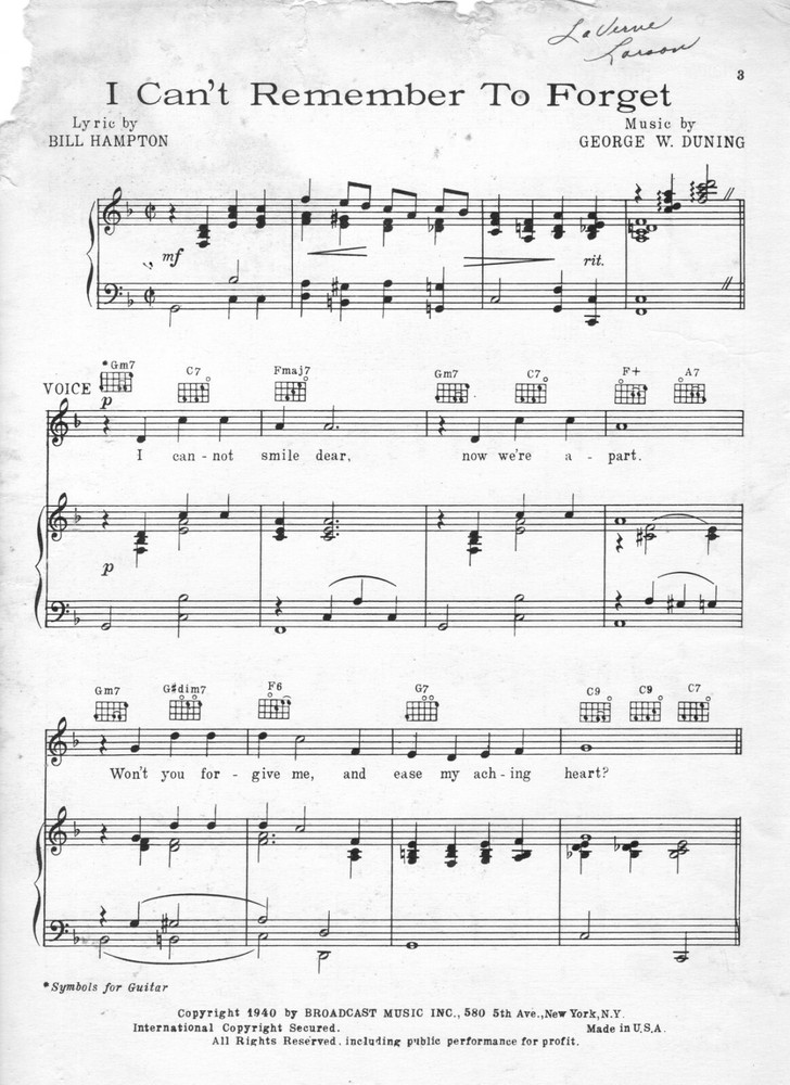 "I CAN'T REMEMBER TO FORGET" by Hampton & Duning - 5 pages - Circa 1940