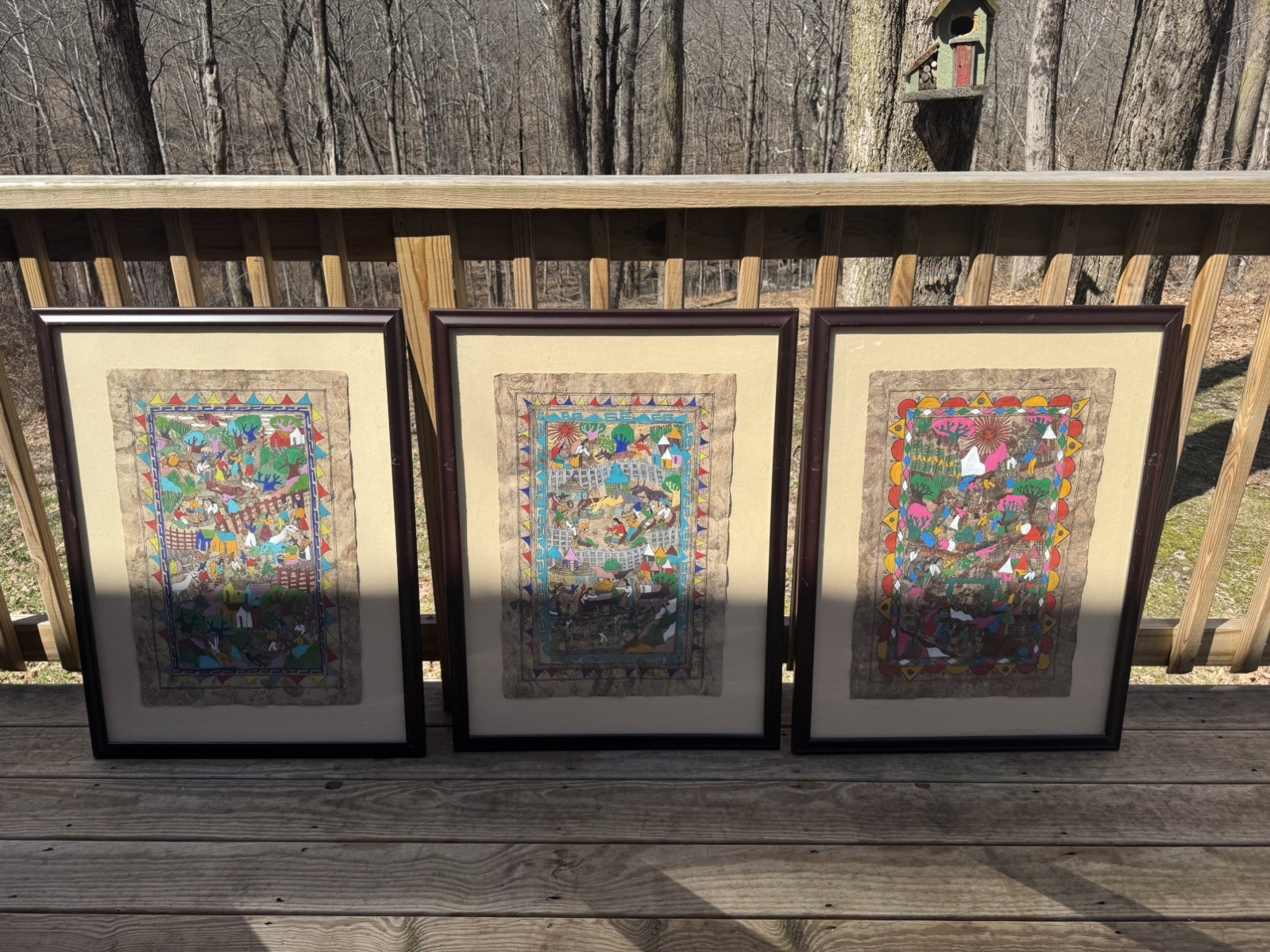 3 large Framed Mexican Folk Art On Bark Paper Hand Painted JMZ