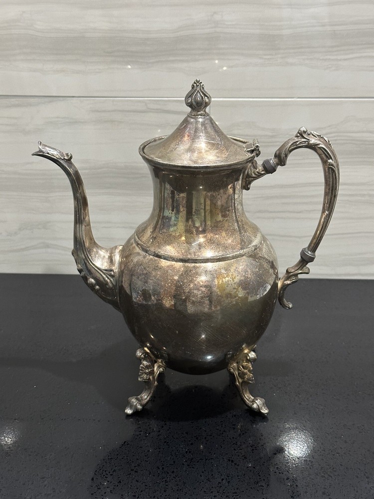 Sheridan Silver Co Silver Plate Tea Pot Silver On Copper Flower Design 4 Footed