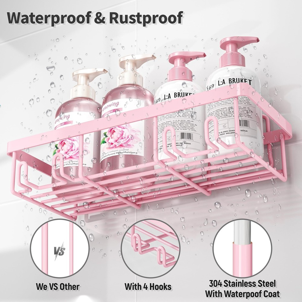 Pink Shower Caddy 5-Pack: Adhesive, Rustproof Bathroom Storage & Decor Set
