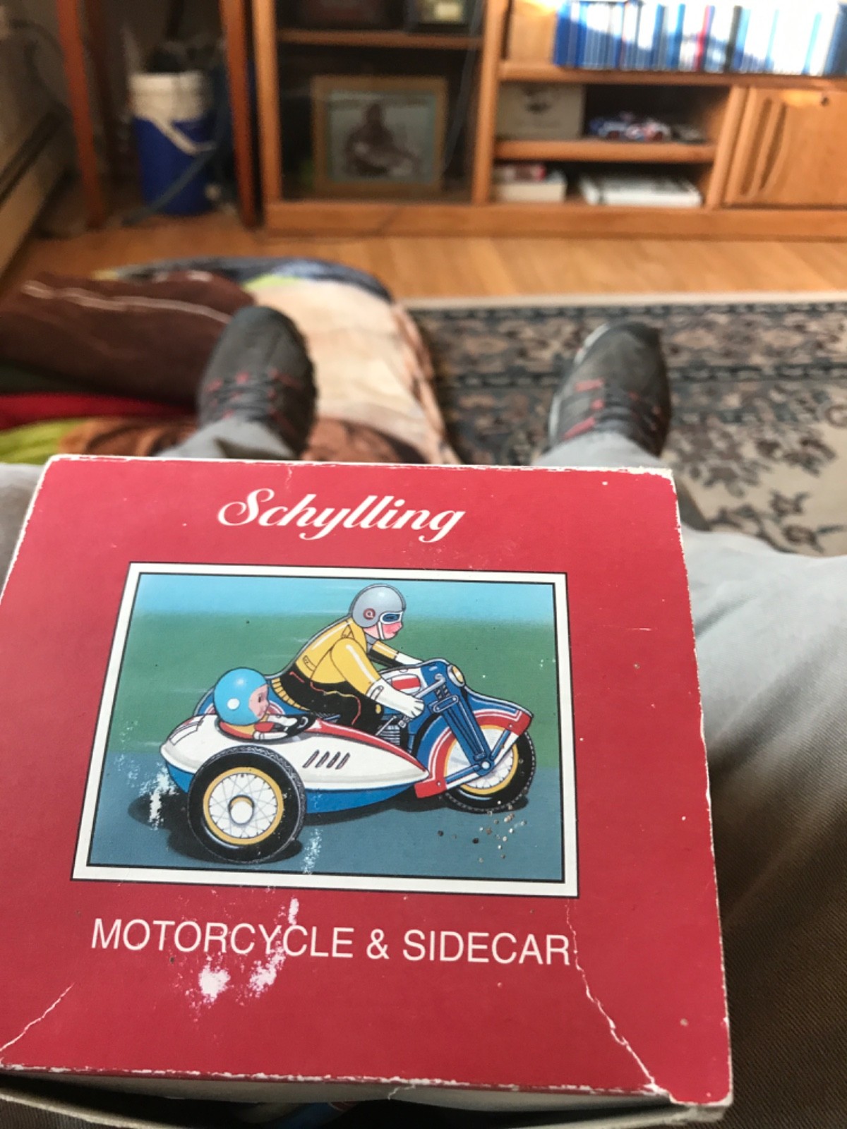 Vintage tin motorcycle with side car 7".