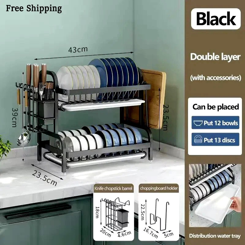 Dish Drying Rack 2-Tier Compact Kitchen Dish Rack Drainboard Set Large Rust-Proo