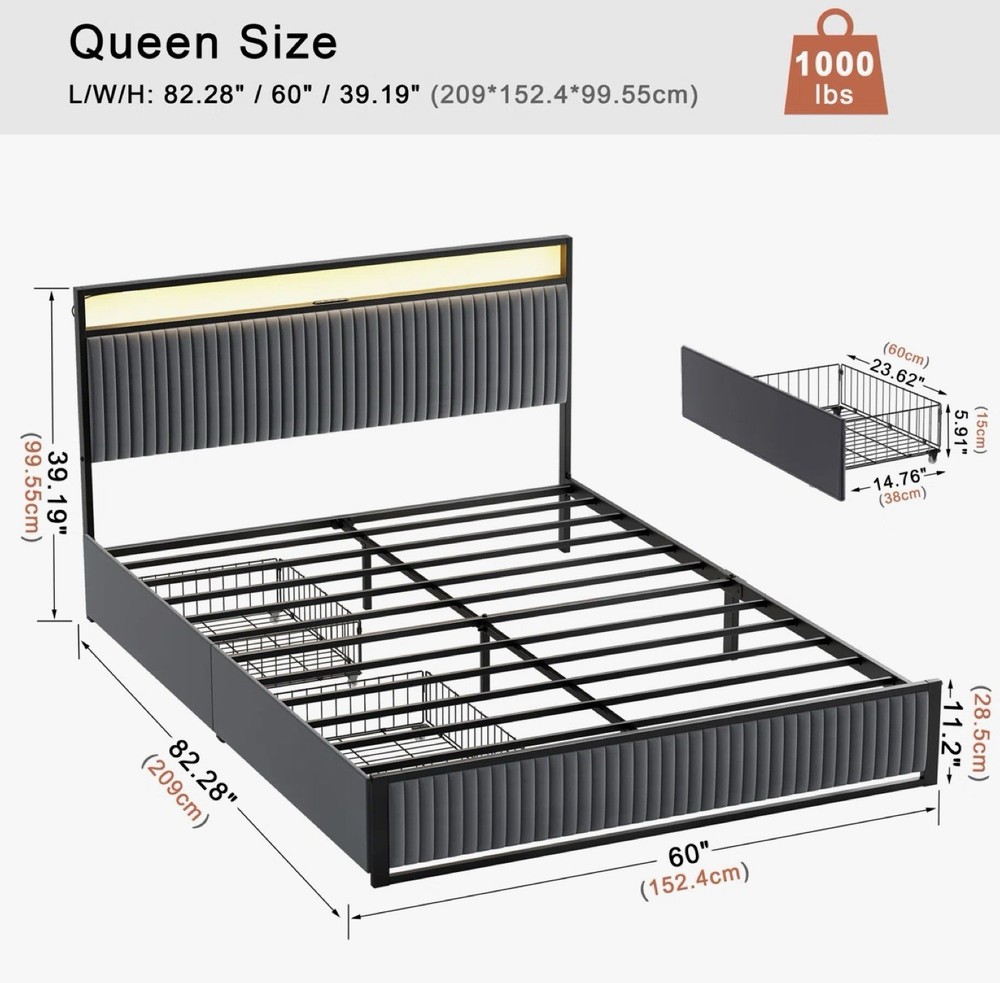 Antioch Queen Bed Frame with Storage, LED & Charging Station