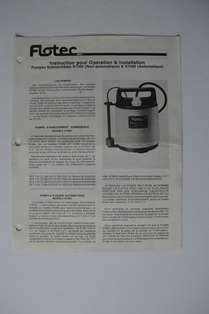 FLOTEC Operating & Installation Instructions Models S1300 S1400 Submersible pump