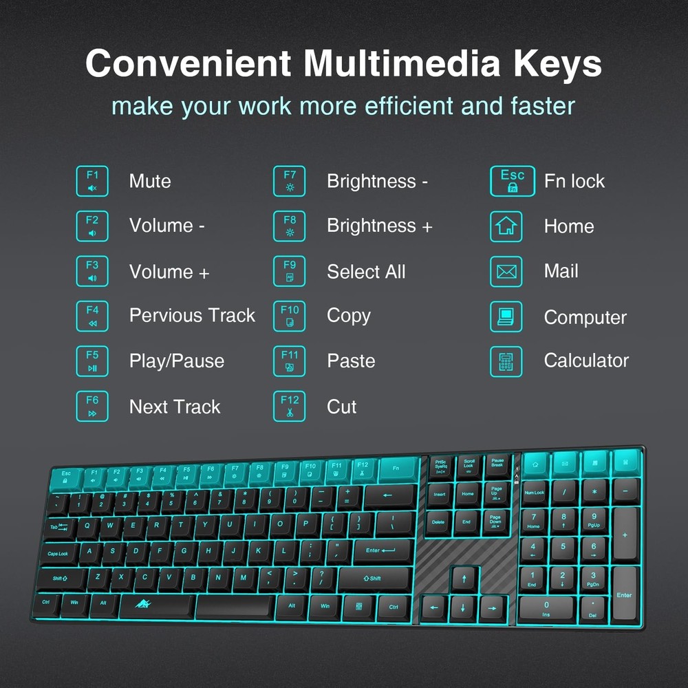 Wireless Backlit Keyboard Quiet - Computer Rechargeable Ergonomic Light UP Ke...