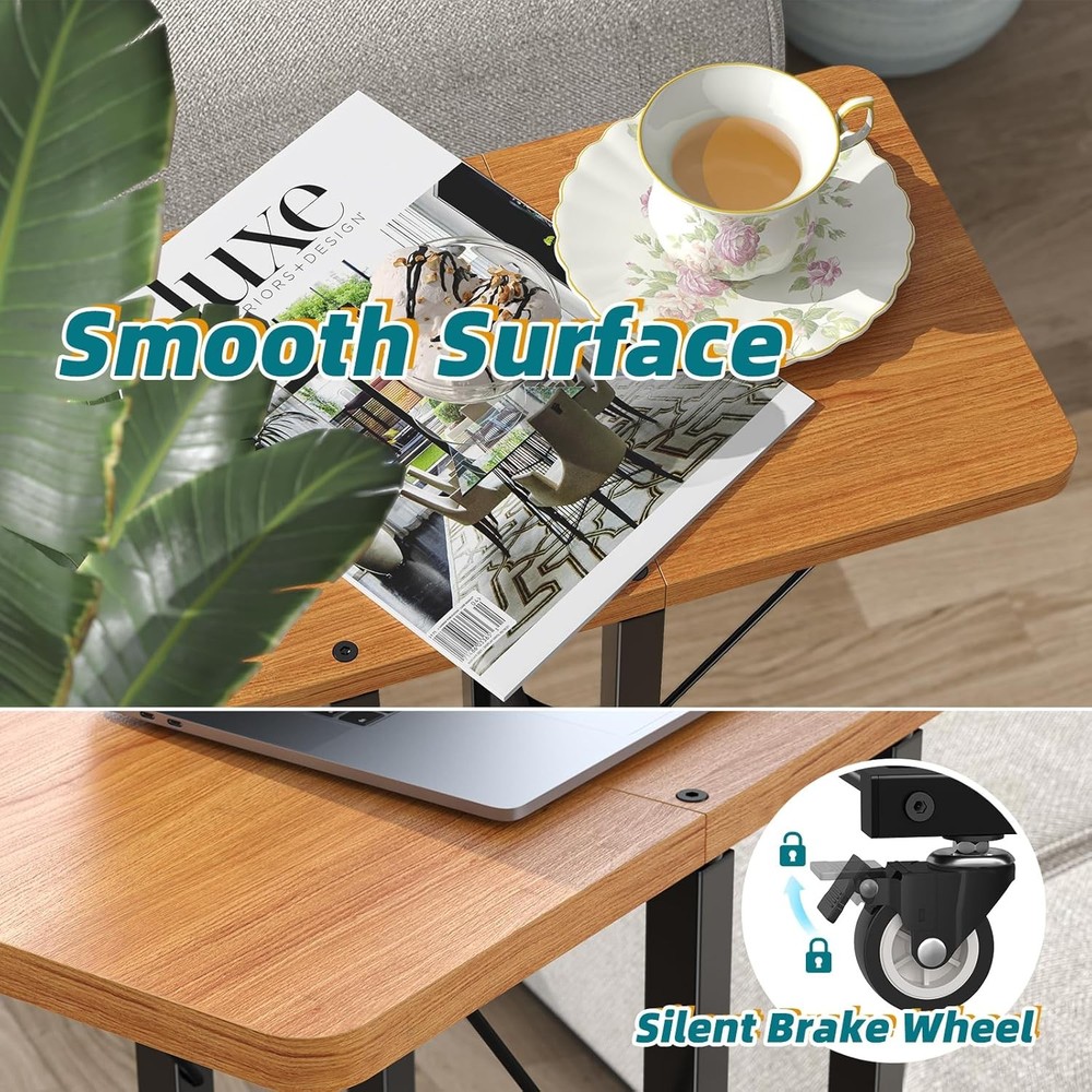 C Shaped End Table Folding TV Tray Couch Side Table Sofa on Wheels Black