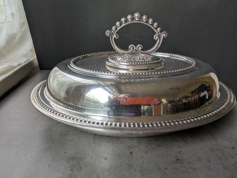 Birks Silver Plate Oval Covered Serving Entree Dish Bowl Bead England EP-NS