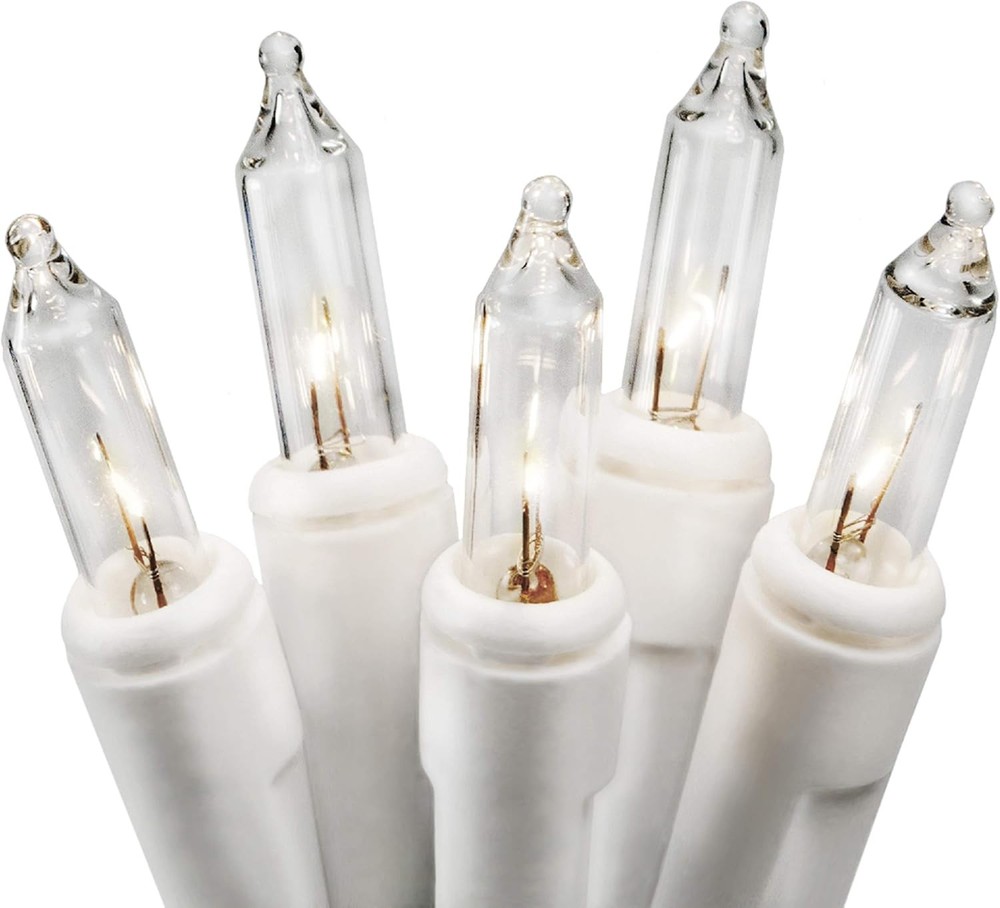 Clear Christmas String Lights on White Wire Cord, UL Appd