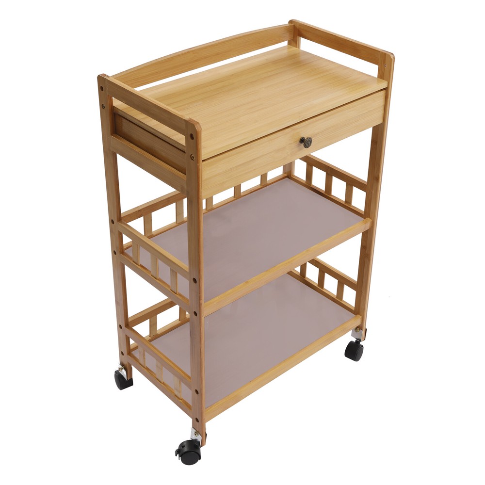 Rolling Bamboo Kitchen Cart Multi Purpose Serving Cart Storage 3 Tiers Standing