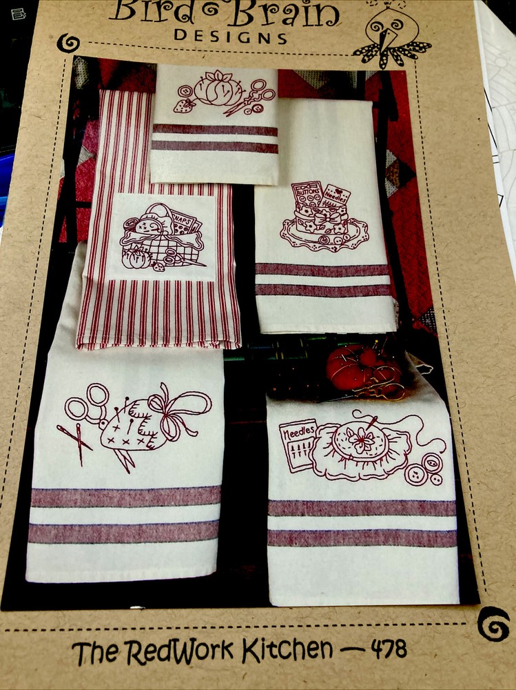 Bird Brain Traceable Embroidery Pattern - The Redwork Kitchen Towels