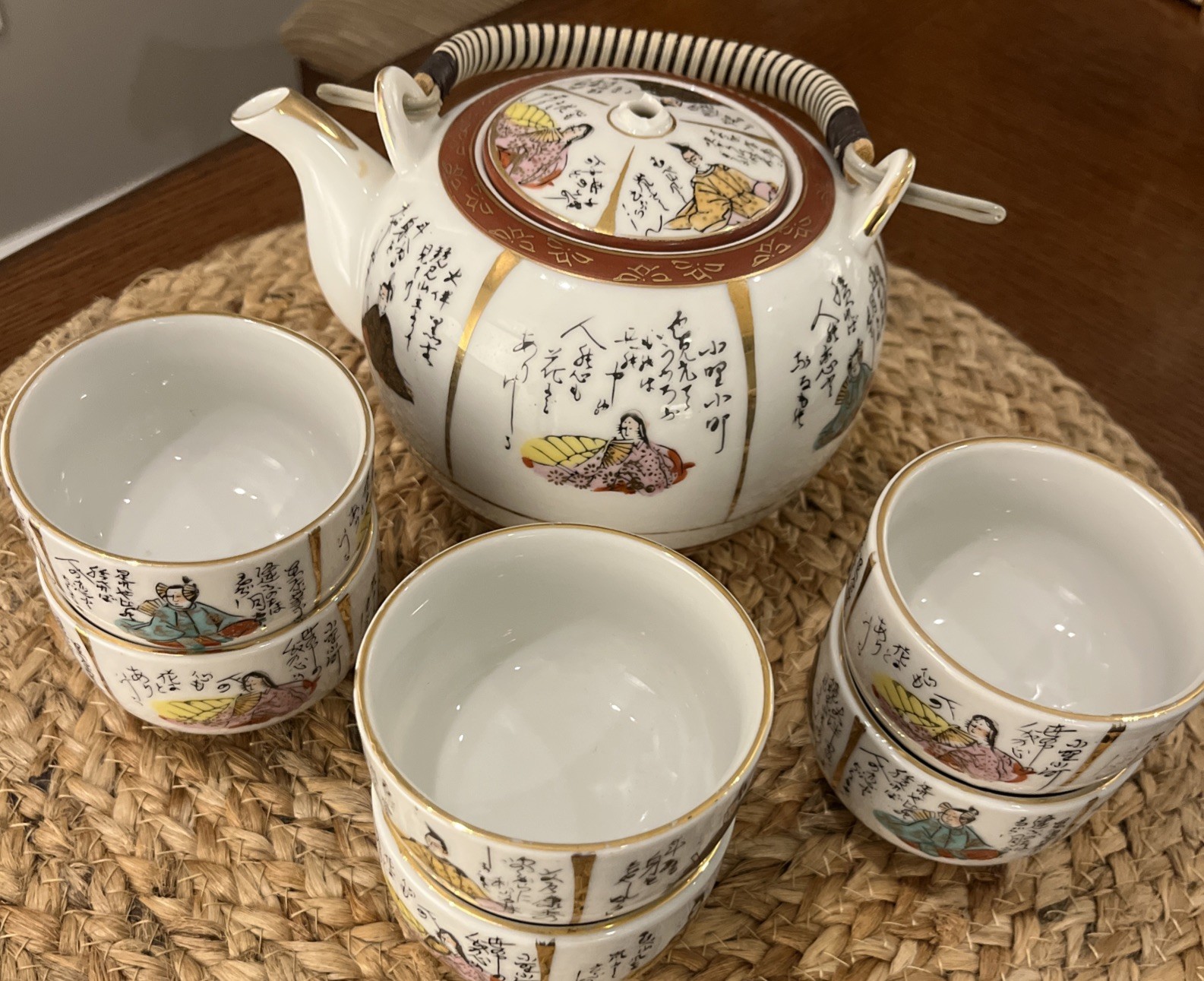 Antique Japanese Kutani Porcelain Teapot with 6 cups
