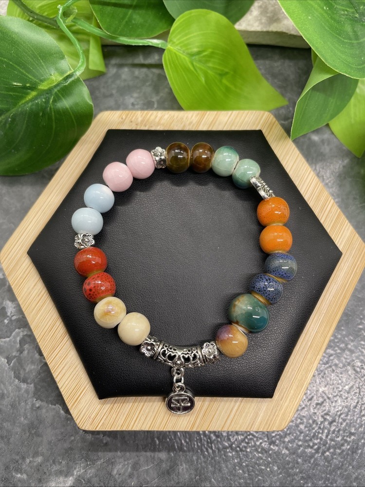 Handmade Ceramic Bead Beaded Stackable 6.25” Plus Stretch Bracelet New B241