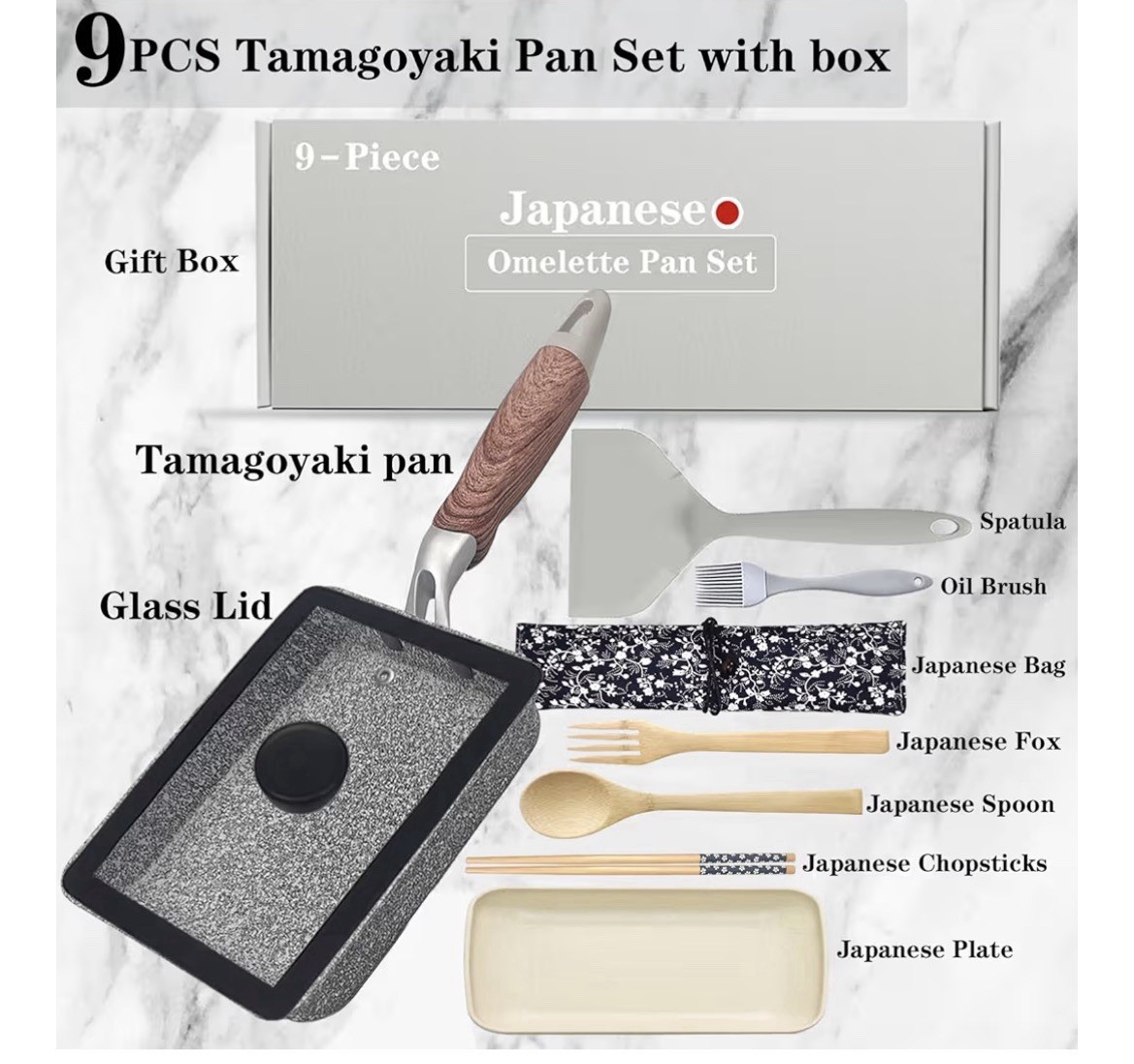 9Pcs Tamagoyaki Pan Set, Japanese Omelette Pan Nonstick with Lid, Square Japanes