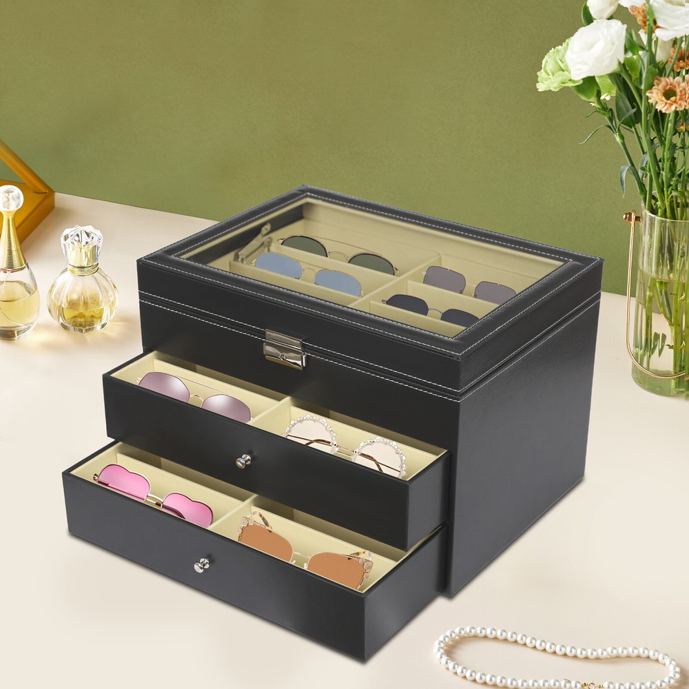 3 Layer Black Sunglasses Display Case, PU Leather Eyeglass Storage Box,