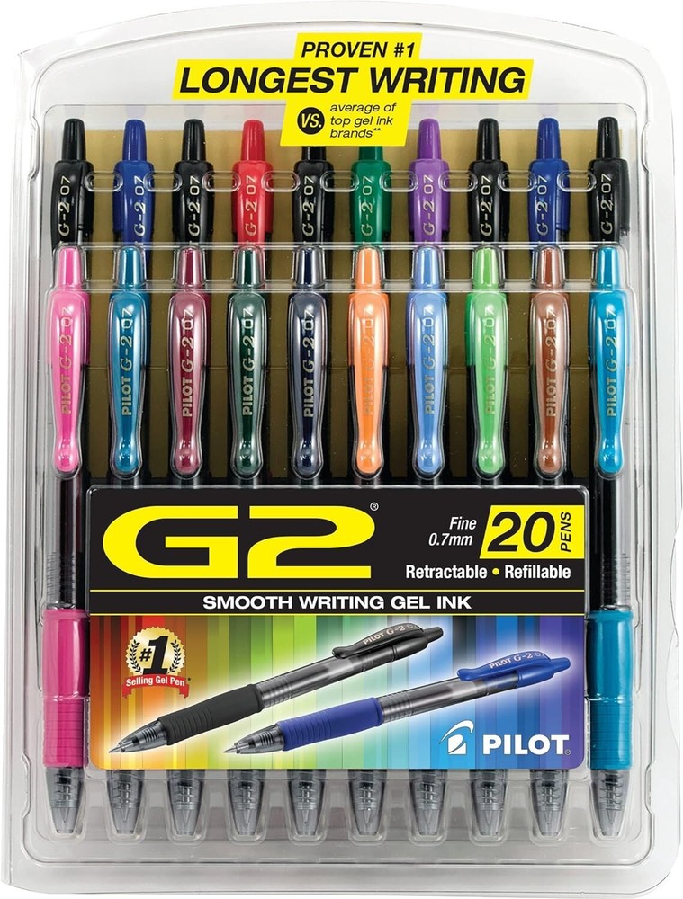 Pilot 31294 G-2 07 Retractable Gel Ink Pens, Fine Point, Assorted 20 Pack