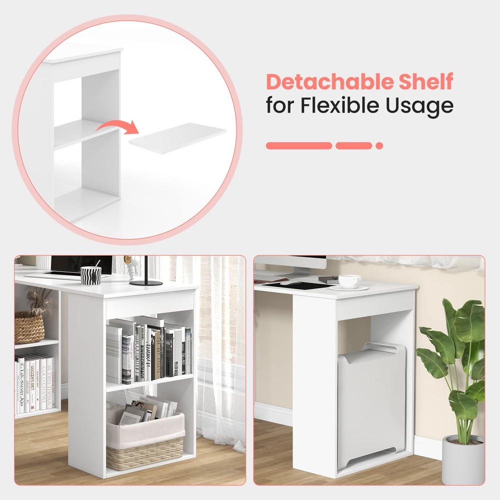 White Computer Desk with 6-Tier Storage Shelves Reversible Study Table CPU Stand