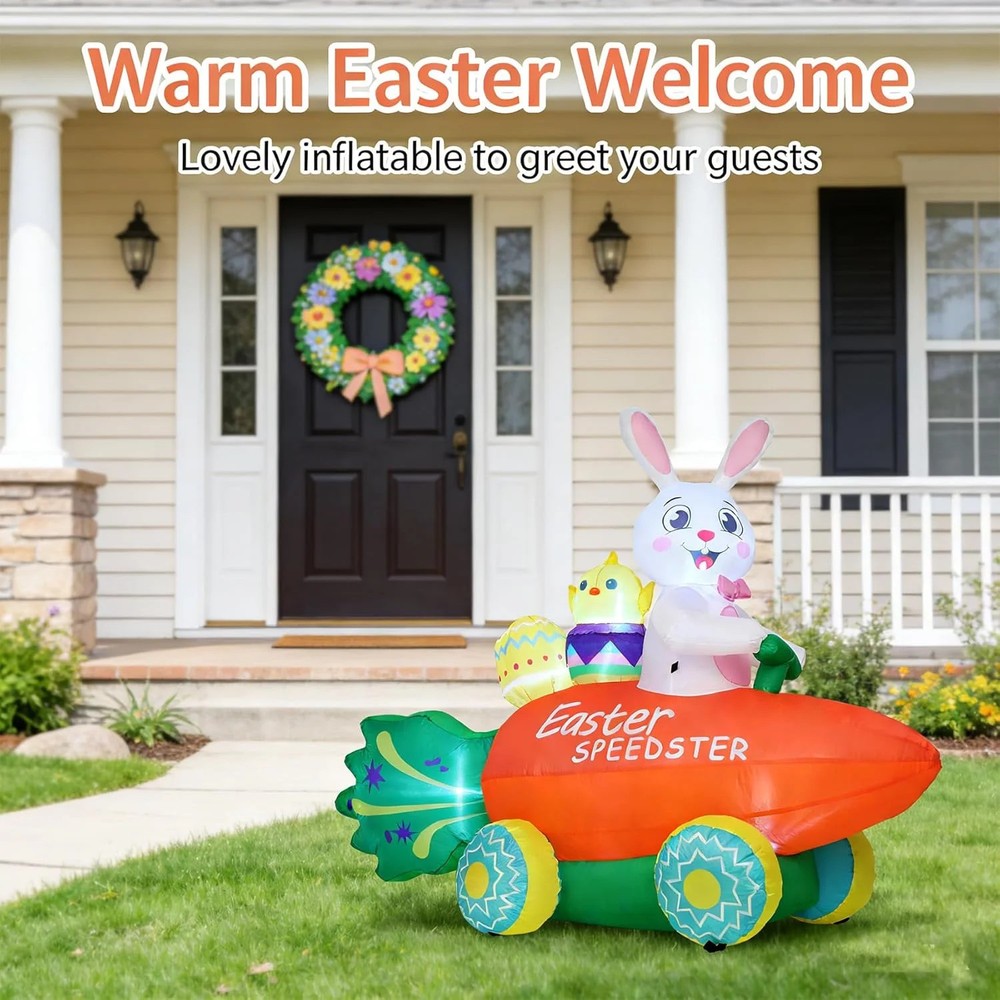 Easter Inflatable Bunny with Carrot Car and Easter Eggs, 6FT Easter Inflatables