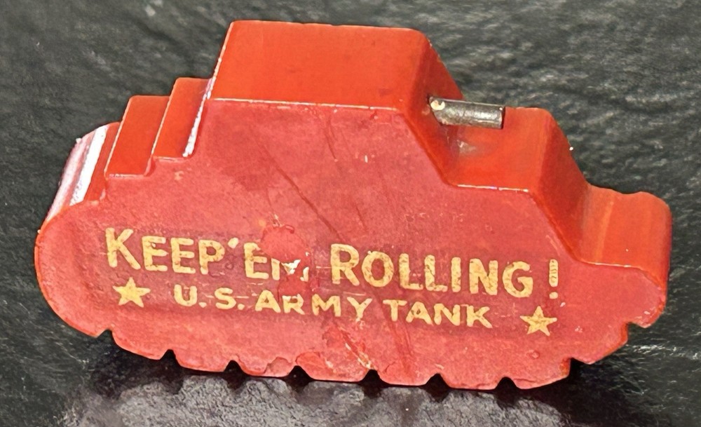 WW2 USA Home Front Pencil Sharpener Red Tank KEEP EM ROLLING! Catalin Bakelite