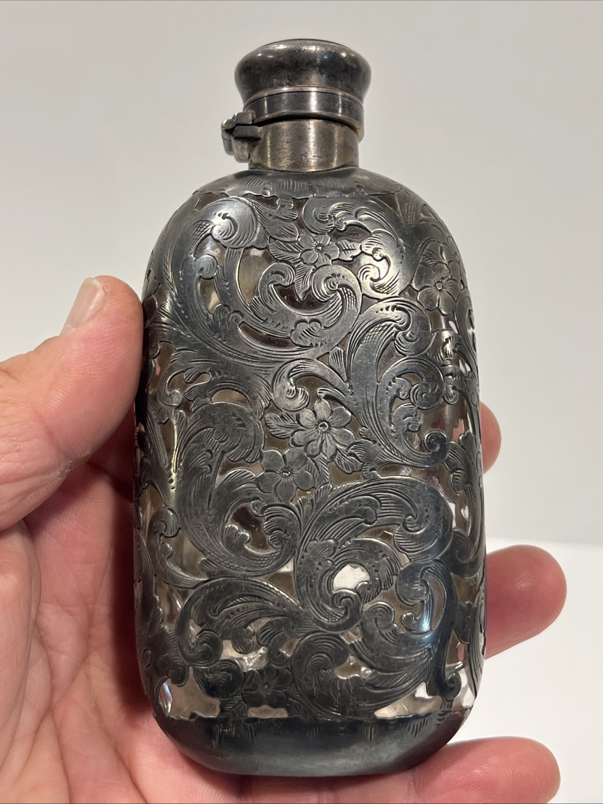 Antique Gorham .925 Sterling Silver Over Glass Overlay Flask Unmolested