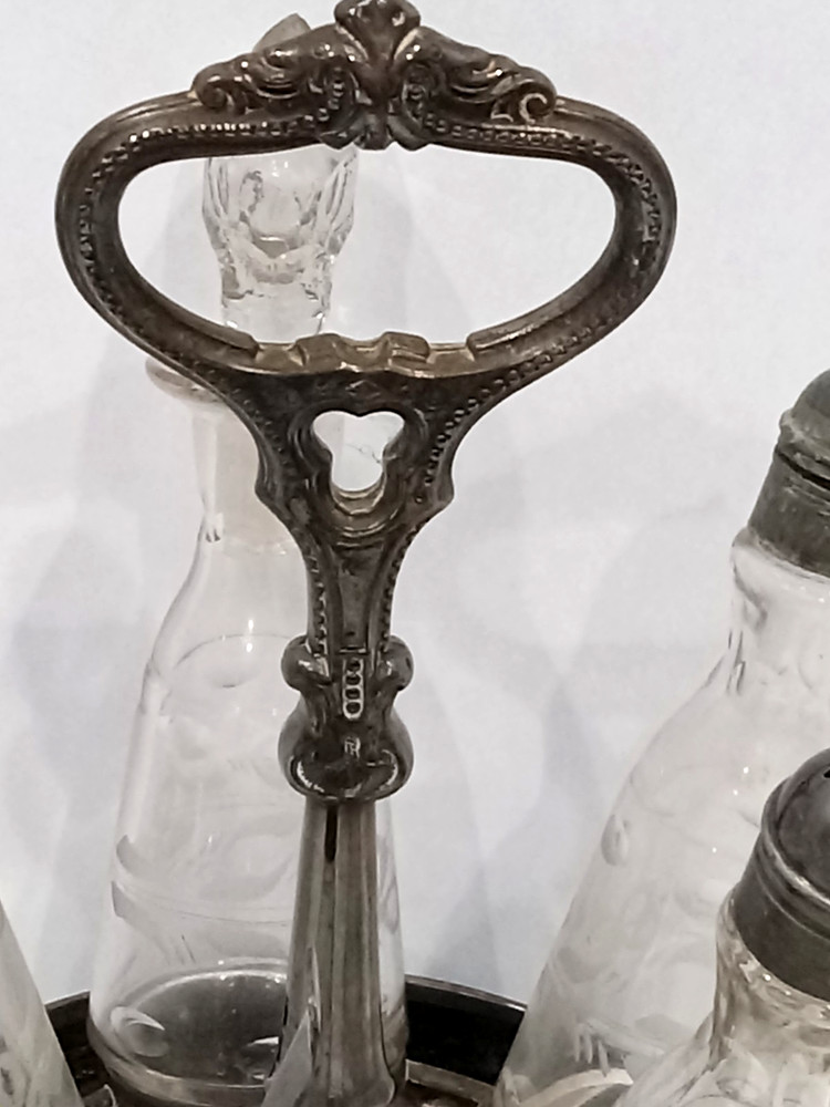 Victorian Condiment Castor Caddy 5 bottles plus two extras Silver Plate Etched
