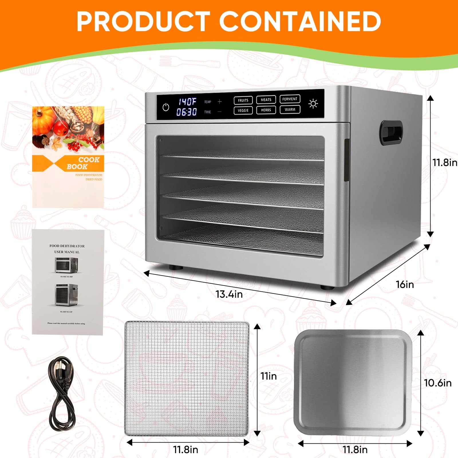 6-Tray Stainless Steel Food Dehydrator, 500W Commercial Meat Jerky Maker with...